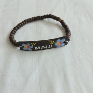 Hawaiian Jewelry Blue Flowers puka Coconut Shell Brown Maui Elastic Bracelet